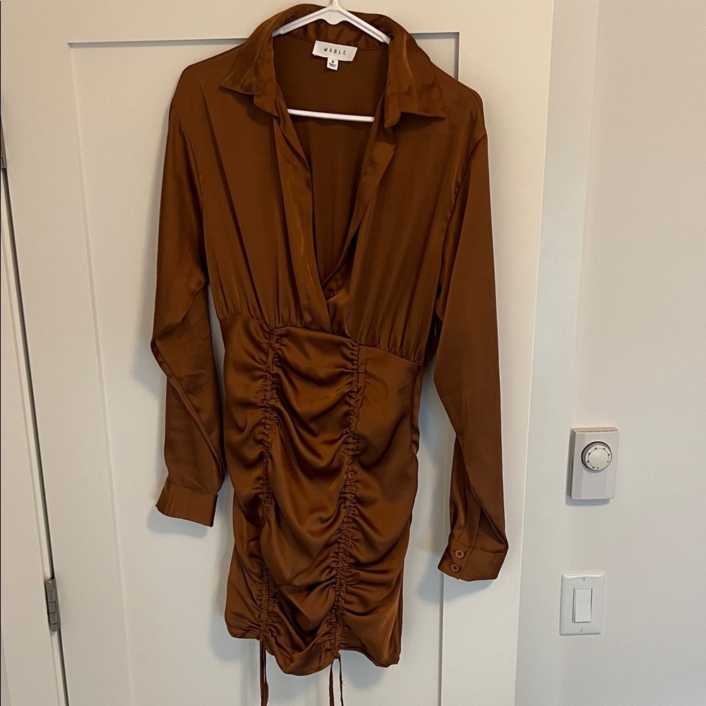 Mable Brown Satin Rouched Mini Dress Size Small - Picture 7 of 7